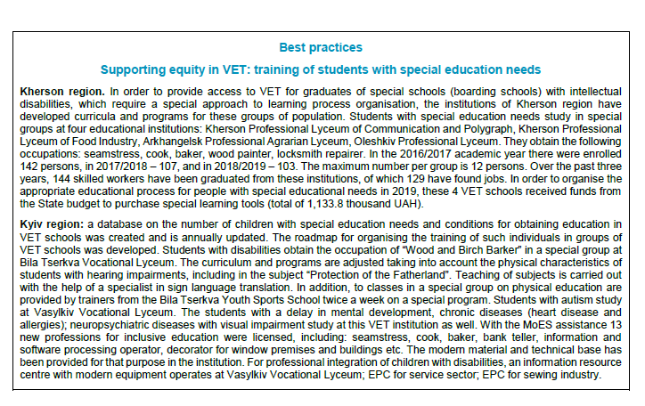 Best practices  Supporting equity in VET: training of students with special education needs