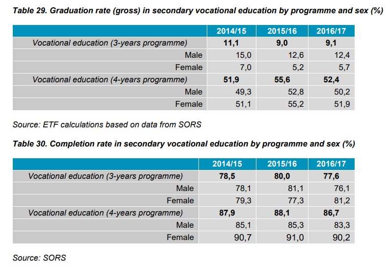 Table 29. Graduation rate (gross) in secondary vocational education by programme and sex (%)