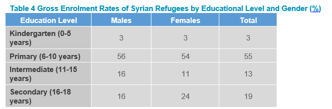   Table 4 Gross Enrolment Rates of Syrian Refugees by Educational Level and Gender (%)