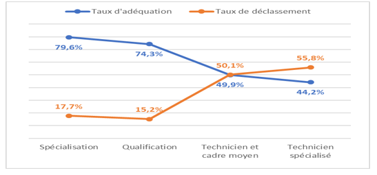 Figure 22 :  Taux d'adéquation et de déclassement des diplômés de la FP par niveau de diplôme