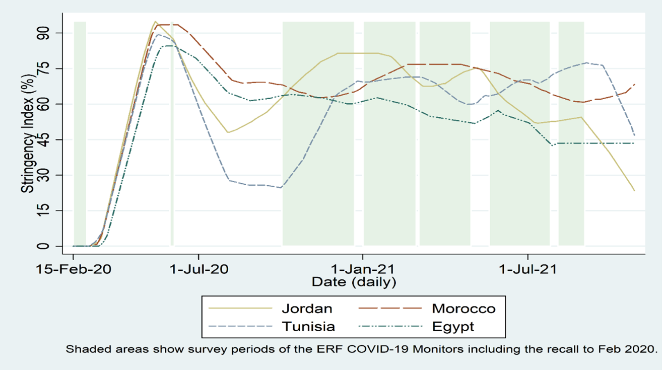 COVID Stringency index, 30-day moving average, by country and date
