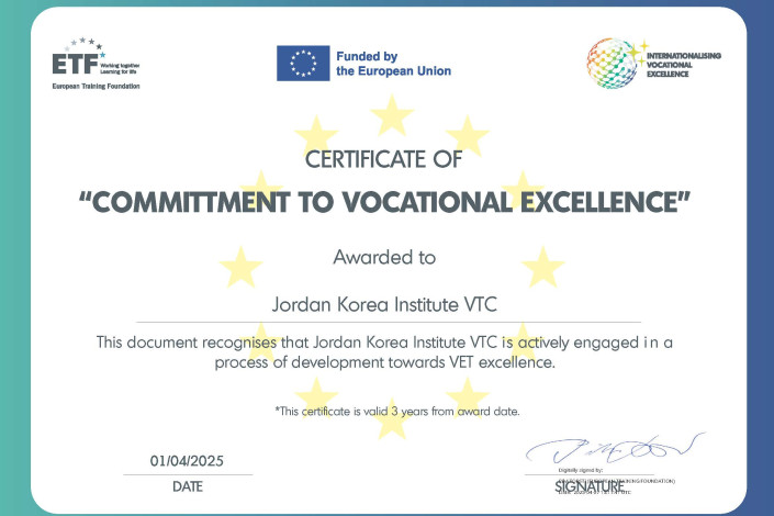 Jordan Korea Institute VTC certificate of committment to vocational excellence