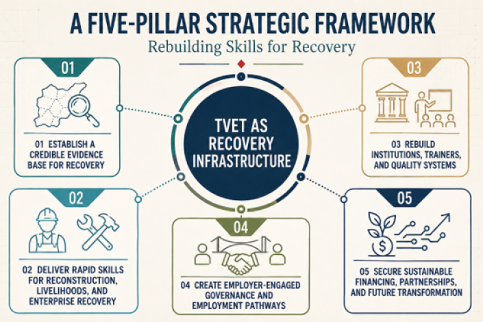 The framework connects immediate skills identification and delivery with institutional recovery, employer-led pathways, sustainable financing and longer-term TVET system transformation.