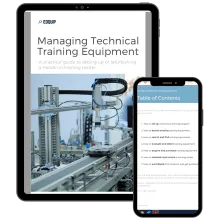 ebook about technical training equipment, displayed on tablet and phone