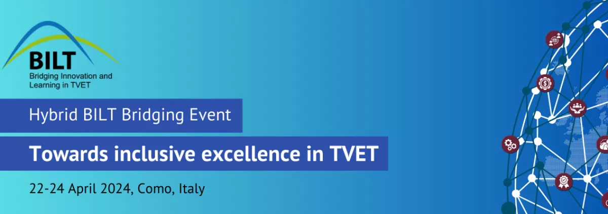 Logo of Hybrid BILT Bridging Event: Towards inclusive excellence in TVET in Como, Italy - globus with symbols of inclusion, excellence and construction