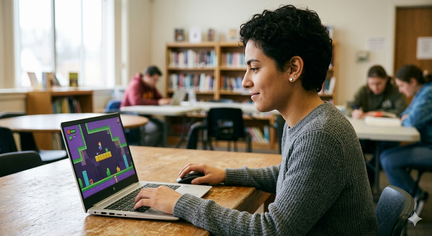A young adult sitting at a laptop in a small, informal learning space, looking at the screen with quiet focus and a slight sense of satisfaction