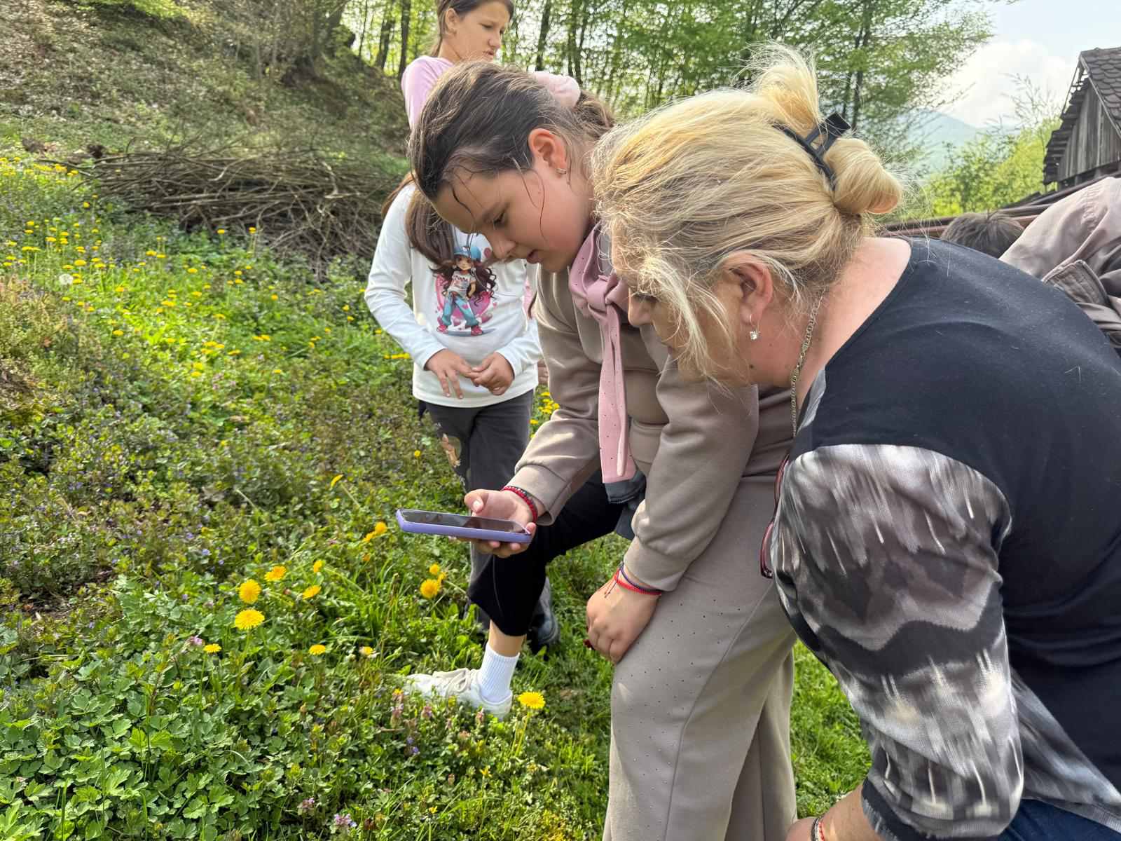 Children and teachers searching plants using digital tools